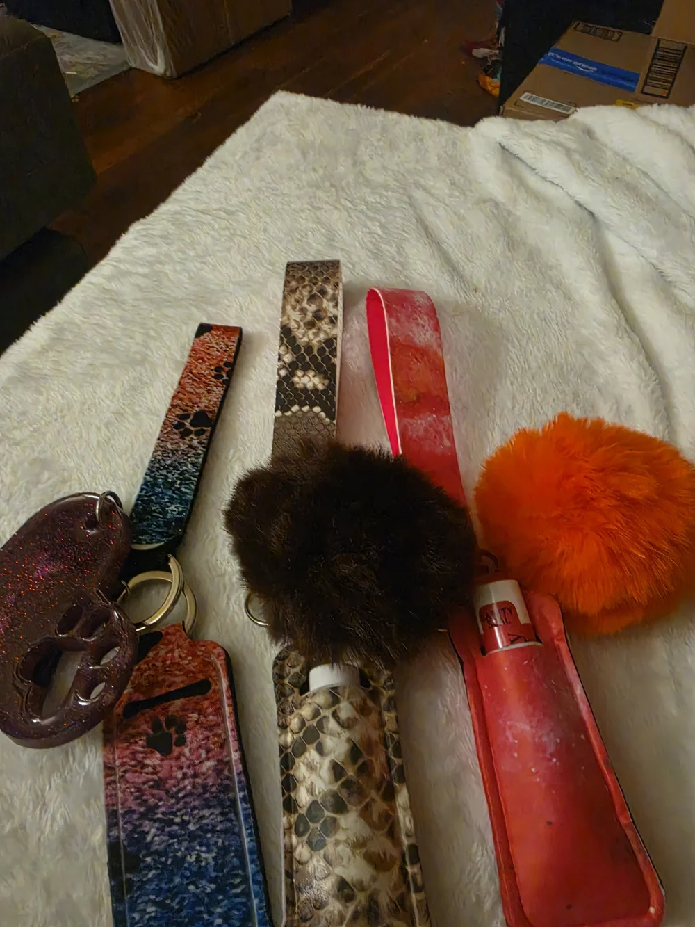 Women’s Pom Pom Key & Card Holder Trio - Blue, Brown, Pink with Orange Accent